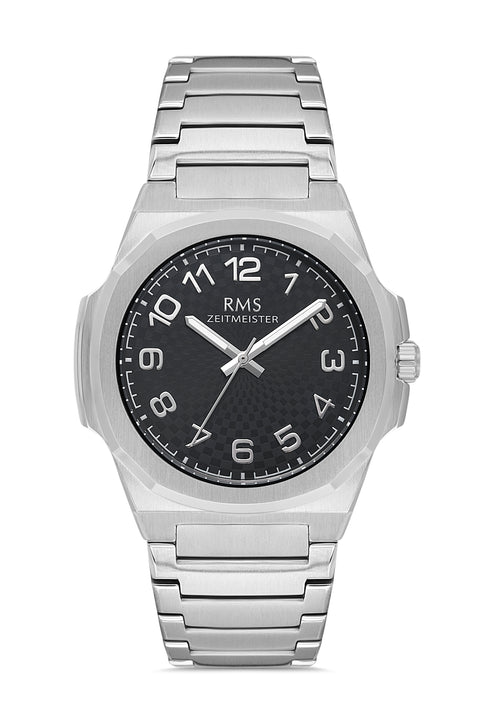 RMS Zeitmeister AG2156.12 men's watch with black dial, silver-tone case and stainless steel bracelet – front view
