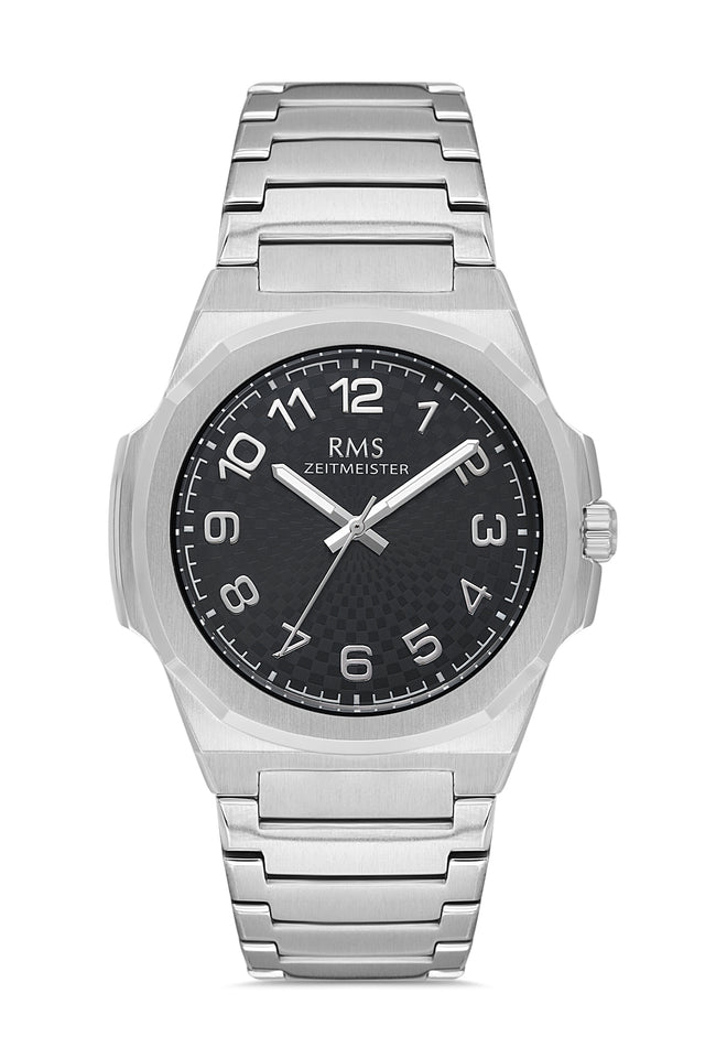 RMS Zeitmeister AG2156.12 men's watch with black dial, silver-tone case and stainless steel bracelet – front view