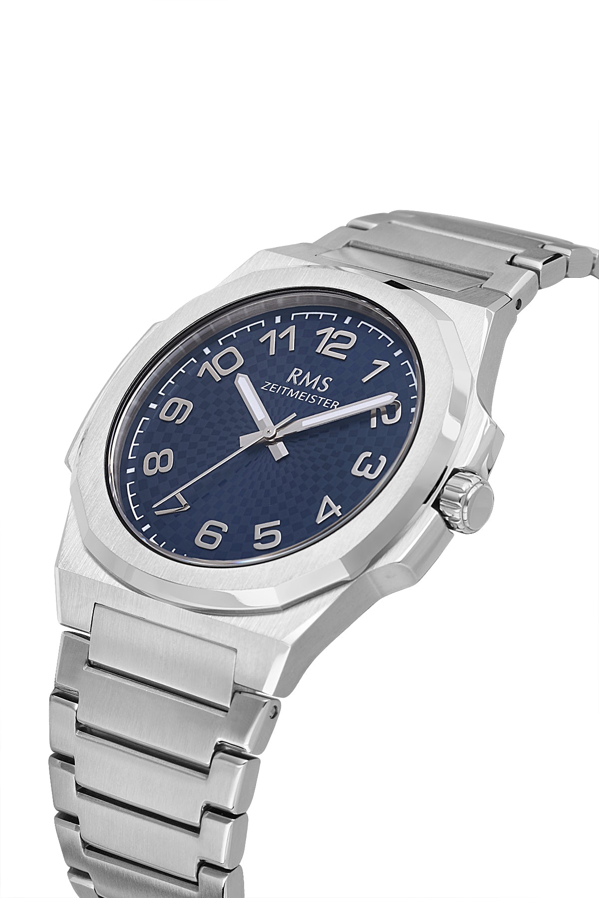 RMS Zeitmeister AG2156.13 men's watch with blue dial, silver-tone case and stainless steel bracelet – angled view