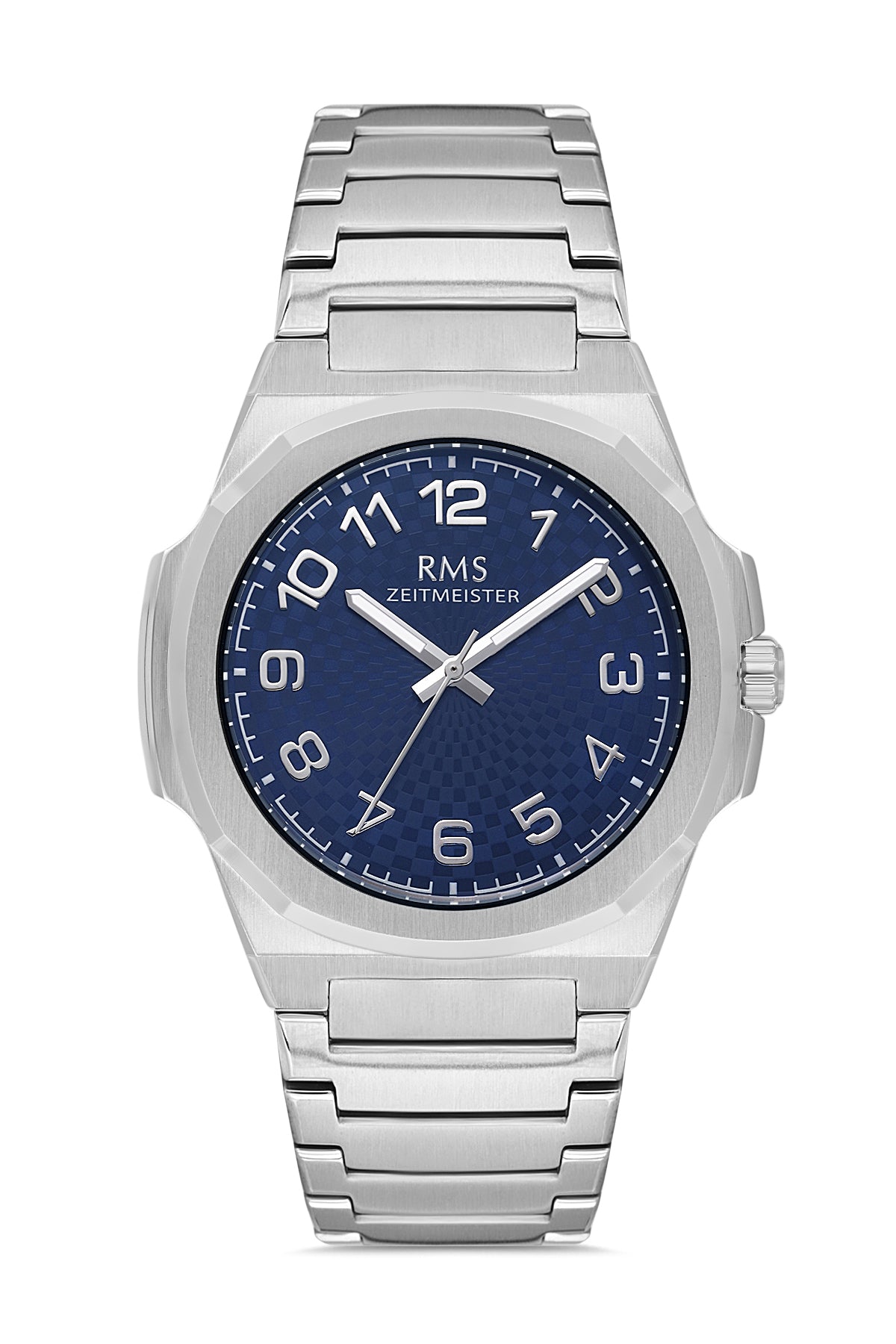 RMS Zeitmeister AG2156.13 men's watch with blue dial, silver-tone case and stainless steel bracelet – front view