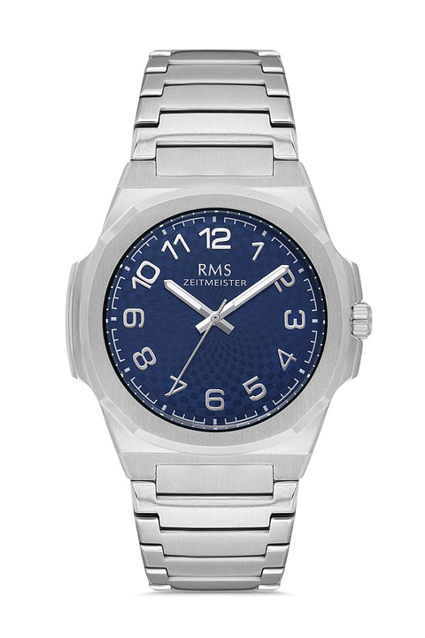 RMS Zeitmeister AG2156.13 men's watch with blue dial, silver-tone case and stainless steel bracelet – front view