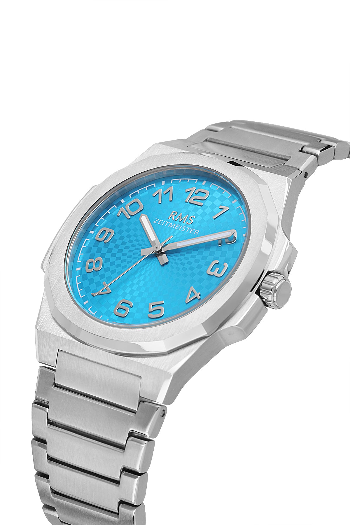 RMS Zeitmeister AG2156.14 men's watch with turquoise dial, silver-tone case and stainless steel bracelet – angled view