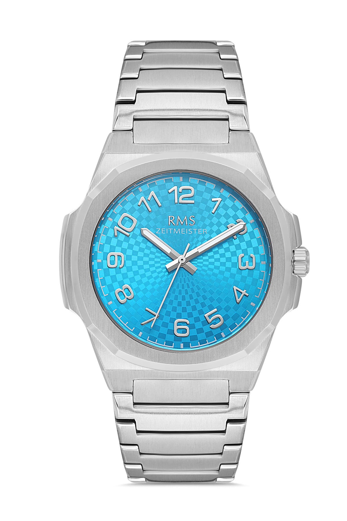 RMS Zeitmeister AG2156.14 men's watch with turquoise dial, silver-tone case and stainless steel bracelet – front view