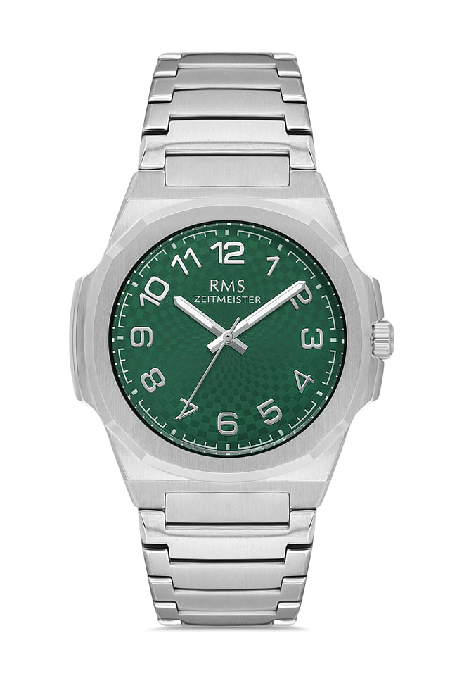 RMS Zeitmeister AG2156.19 men's watch with green dial, silver-tone case and stainless steel bracelet – front view