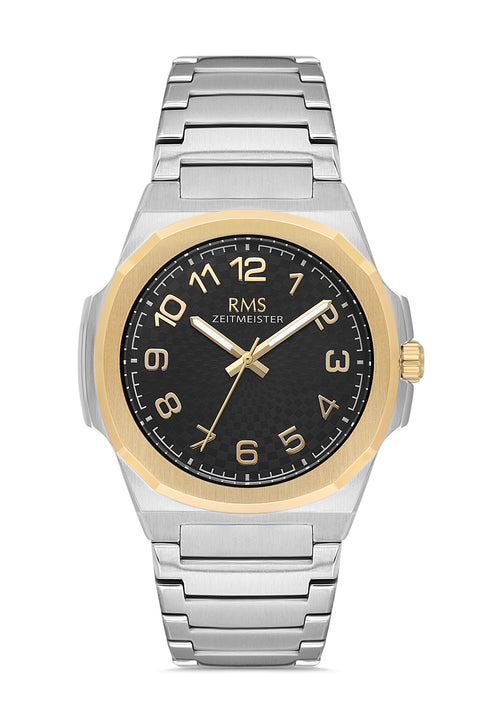 RMS Zeitmeister AG2156.42 men's watch with black dial, two-tone case and stainless steel bracelet – front view
