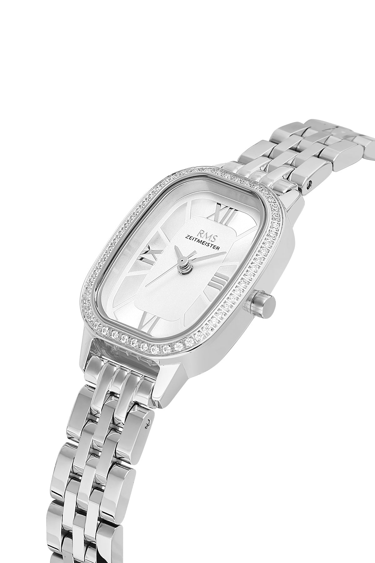 RMS Zeitmeister AG2158.10 women's watch with white dial, silver-tone case and stainless steel bracelet – angled view