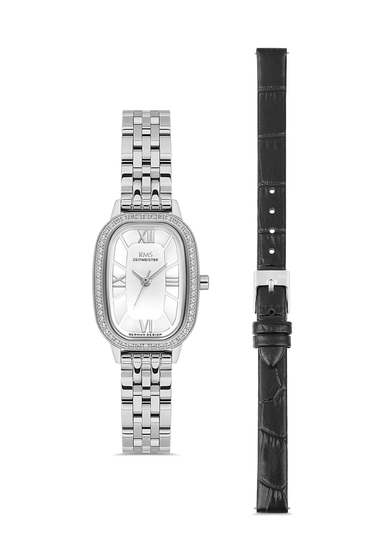 RMS Zeitmeister AG2158.10 women's watch with white dial, silver-tone case and stainless steel bracelet – front view