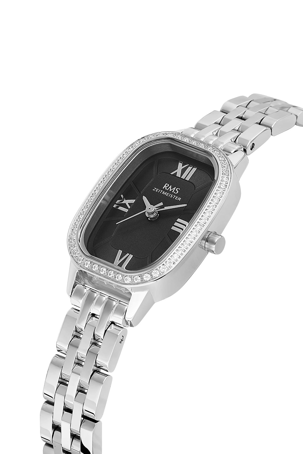 RMS Zeitmeister AG2158.12 women's watch with black dial, silver-tone case and stainless steel bracelet – angled view