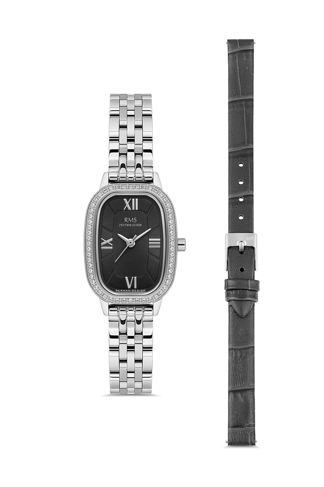 RMS Zeitmeister AG2158.12 women's watch with black dial, silver-tone case and stainless steel bracelet – front view