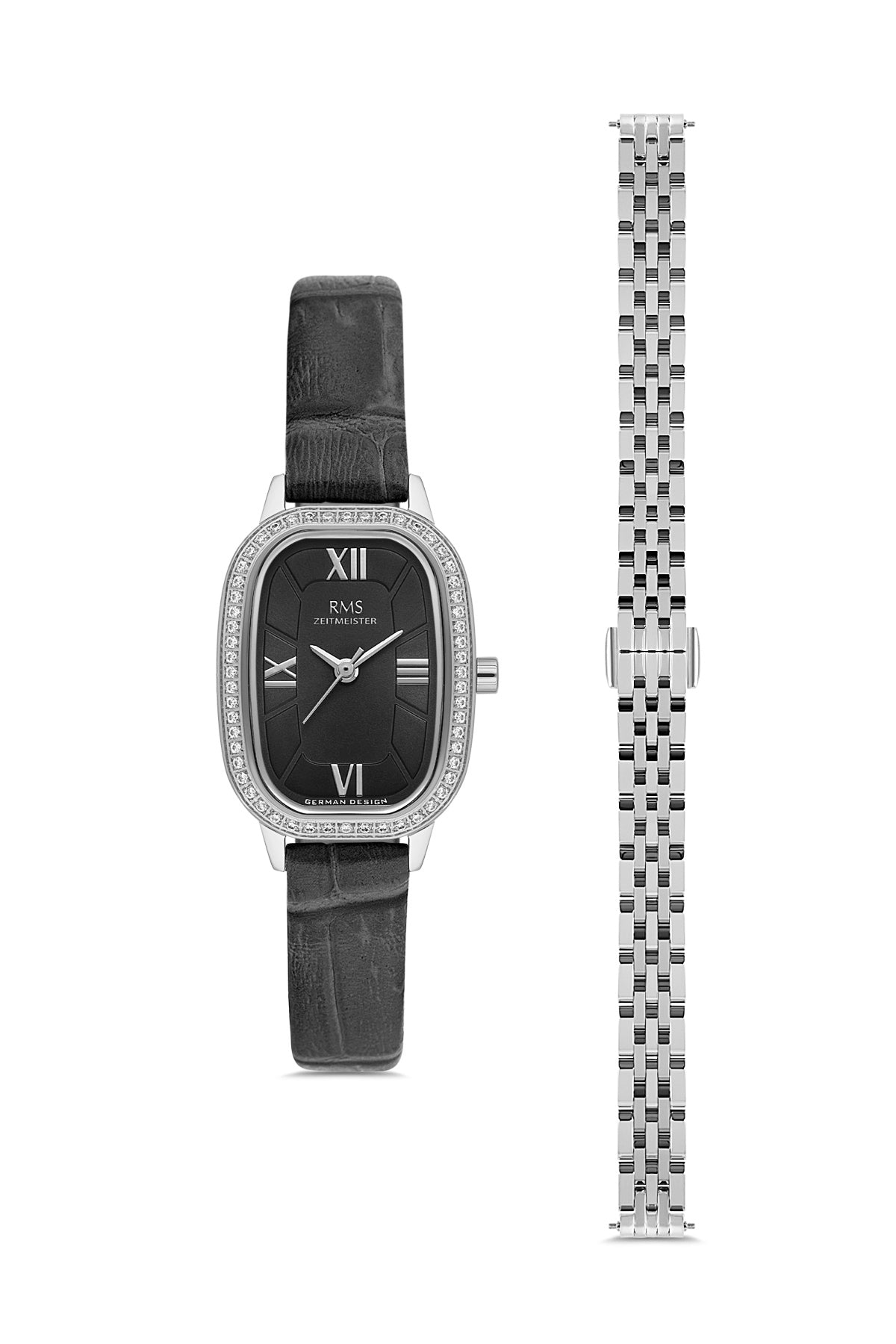 RMS Zeitmeister AG2158.12 women's watch with black dial, silver-tone case and stainless steel bracelet – with leather strap fitted