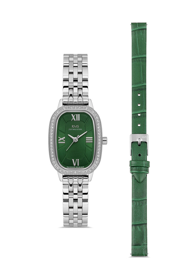RMS Zeitmeister AG2158.19 women's watch with green dial, silver-tone case and stainless steel bracelet – front view