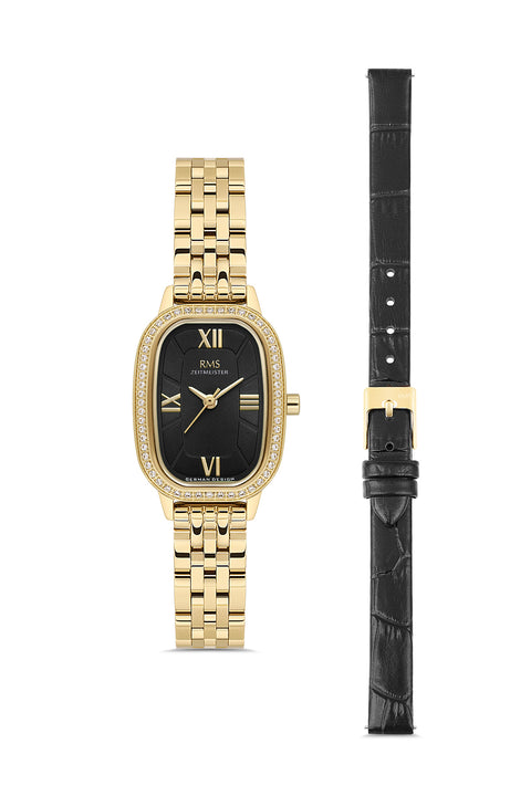 RMS Zeitmeister AG2158.22 women's watch with black dial, gold-tone case and stainless steel bracelet – front view