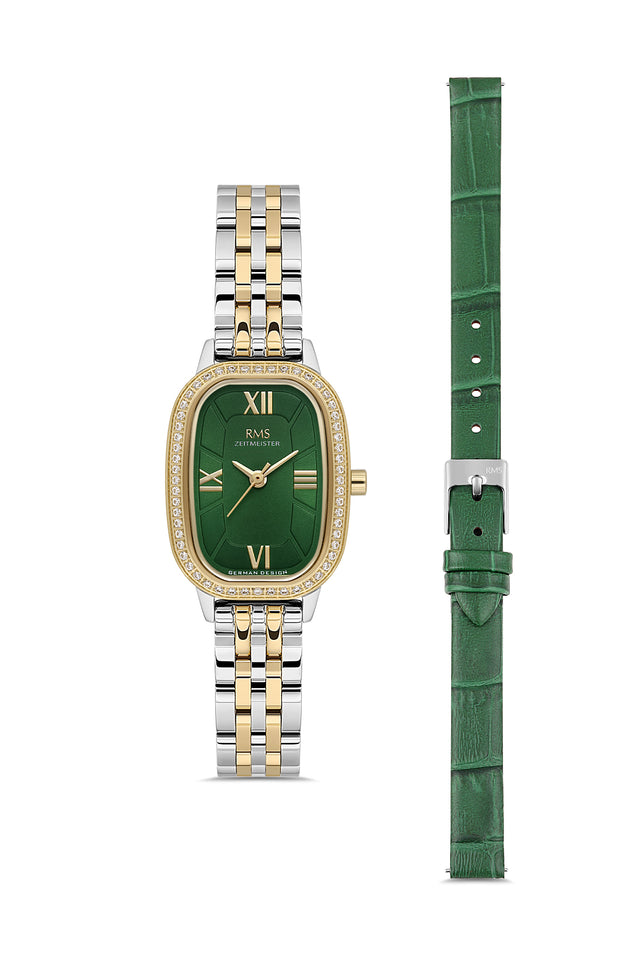 RMS Zeitmeister AG2158.49 women's watch with green dial, two-tone case and stainless steel bracelet – front view