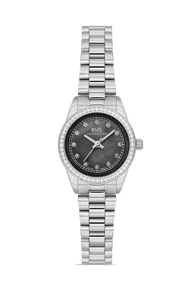 RMS Zeitmeister AG2163.12 women's watch with black mother-of-pearl dial, silver-tone case and stainless steel bracelet – front view