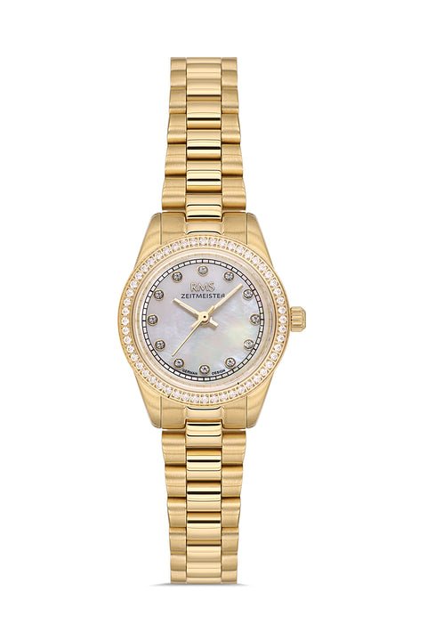 RMS Zeitmeister AG2163.20 women's watch with white mother-of-pearl dial, gold-tone case and stainless steel bracelet – front view