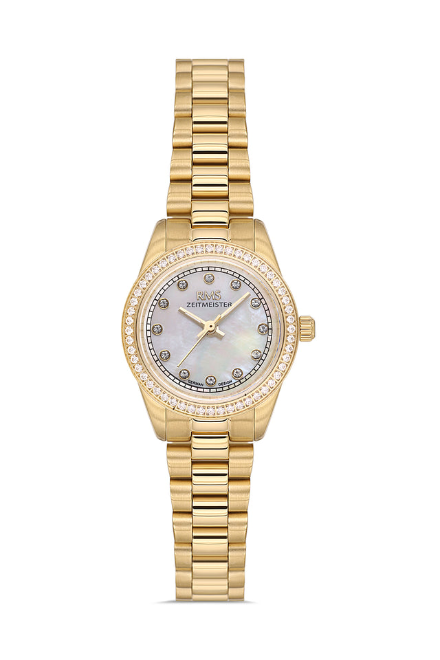 RMS Zeitmeister AG2163.20 women's watch with white mother-of-pearl dial, gold-tone case and stainless steel bracelet – front view