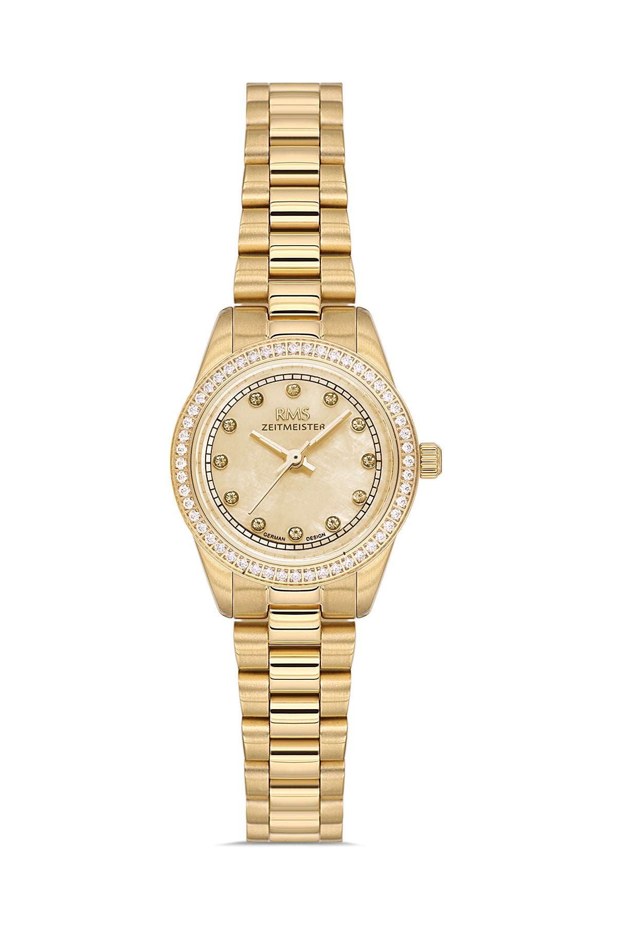 RMS Zeitmeister AG2163.25 women's watch with gold mother-of-pearl dial, gold-tone case and stainless steel bracelet – front view