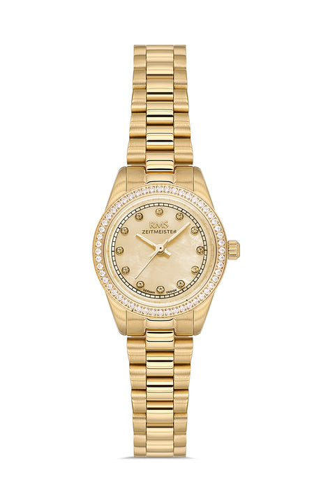 RMS Zeitmeister AG2163.25 women's watch with gold mother-of-pearl dial, gold-tone case and stainless steel bracelet – front view
