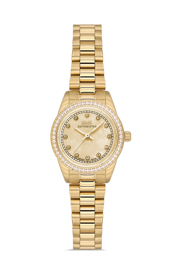 RMS Zeitmeister AG2163.25 women's watch with gold mother-of-pearl dial, gold-tone case and stainless steel bracelet – front view