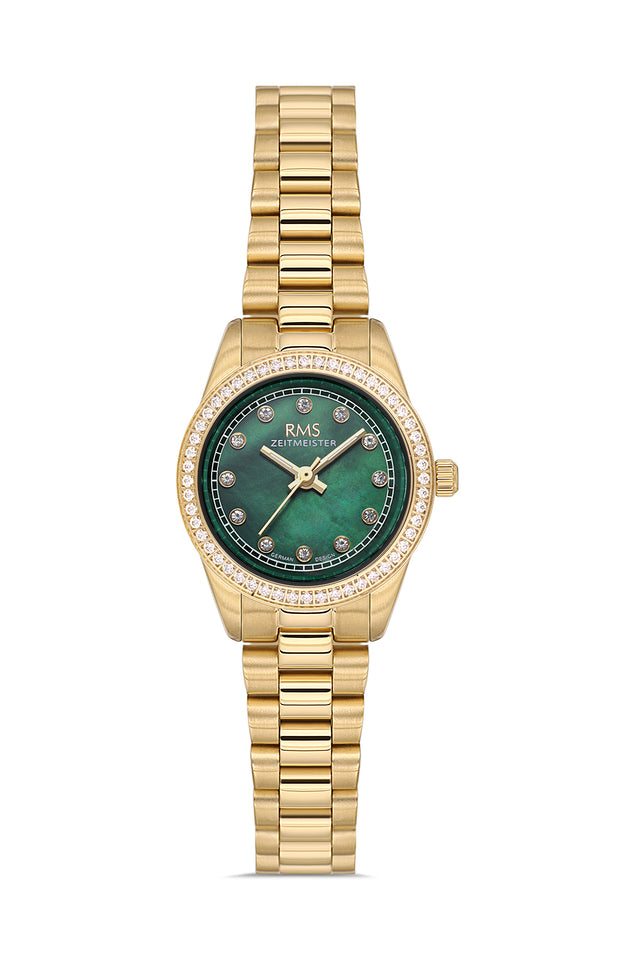 RMS Zeitmeister AG2163.29 women's watch with green mother-of-pearl dial, gold-tone case and stainless steel bracelet – front view
