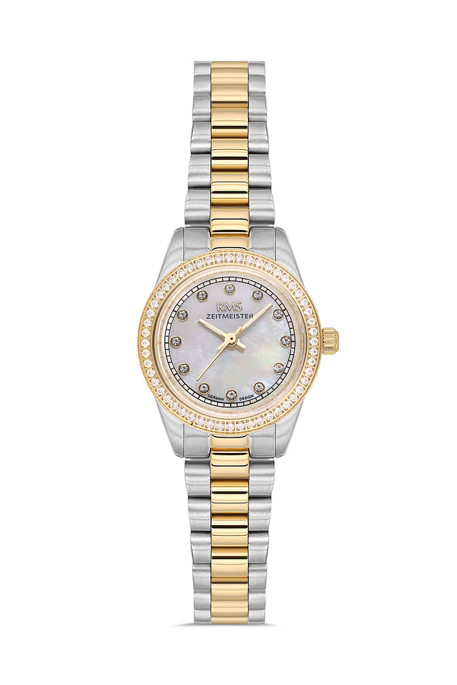 RMS Zeitmeister AG2163.40 women's watch with white mother-of-pearl dial, two-tone case and stainless steel bracelet – front view