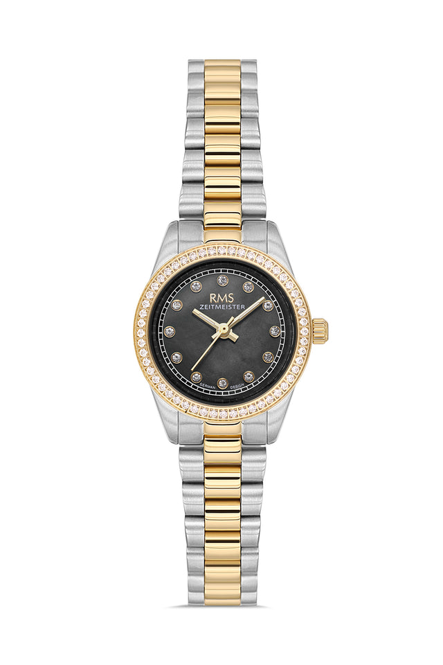 RMS Zeitmeister AG2163.42 women's watch with black mother-of-pearl dial, two-tone case and stainless steel bracelet – front view