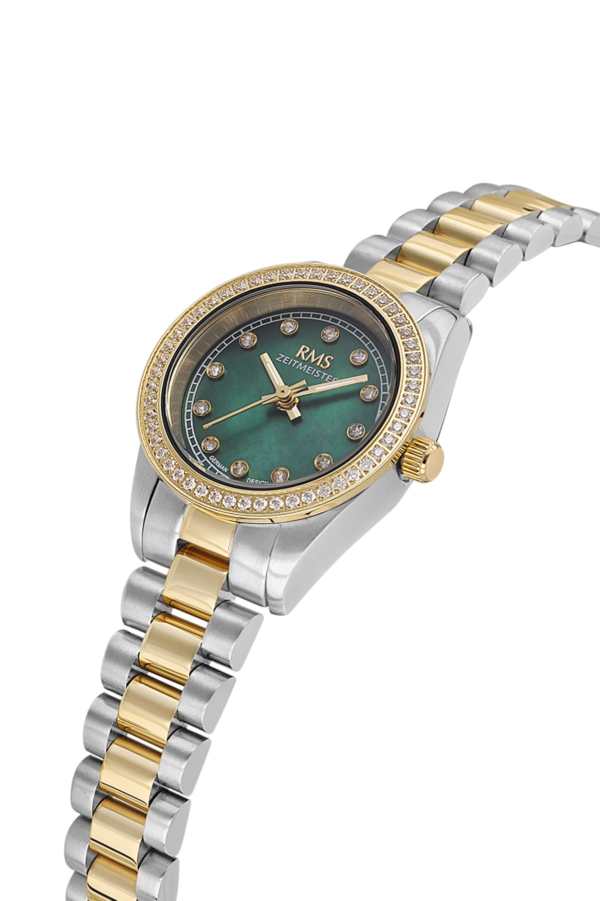 RMS Zeitmeister AG2163.49 women's watch with green mother-of-pearl dial, two-tone case and stainless steel bracelet – angled view