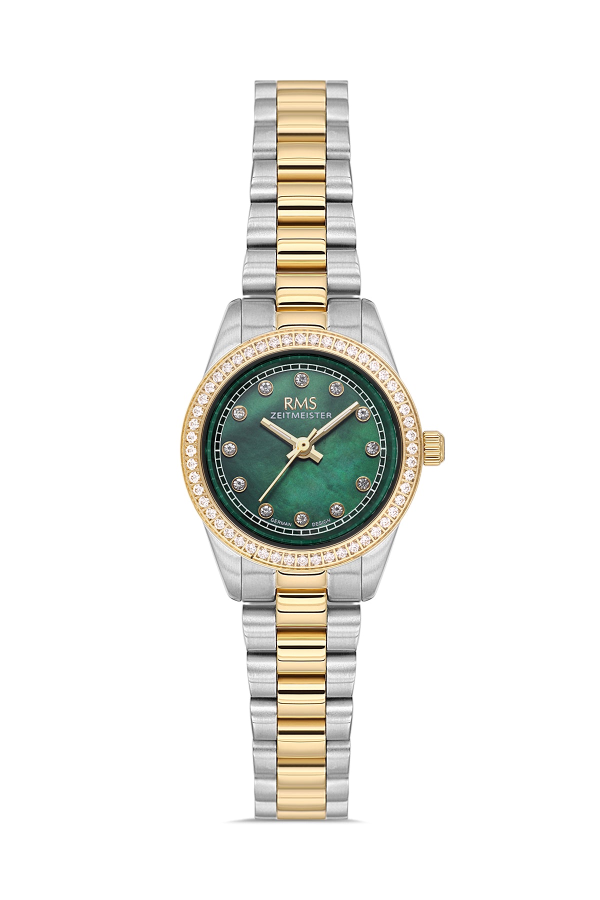 RMS Zeitmeister AG2163.49 women's watch with green mother-of-pearl dial, two-tone case and stainless steel bracelet – front view