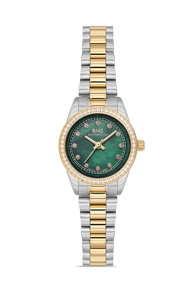 RMS Zeitmeister AG2163.49 women's watch with green mother-of-pearl dial, two-tone case and stainless steel bracelet – front view