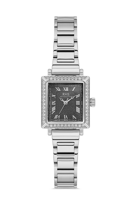 RMS Zeitmeister AG2167.12 women's watch with black dial, silver-tone case and stainless steel bracelet – front view