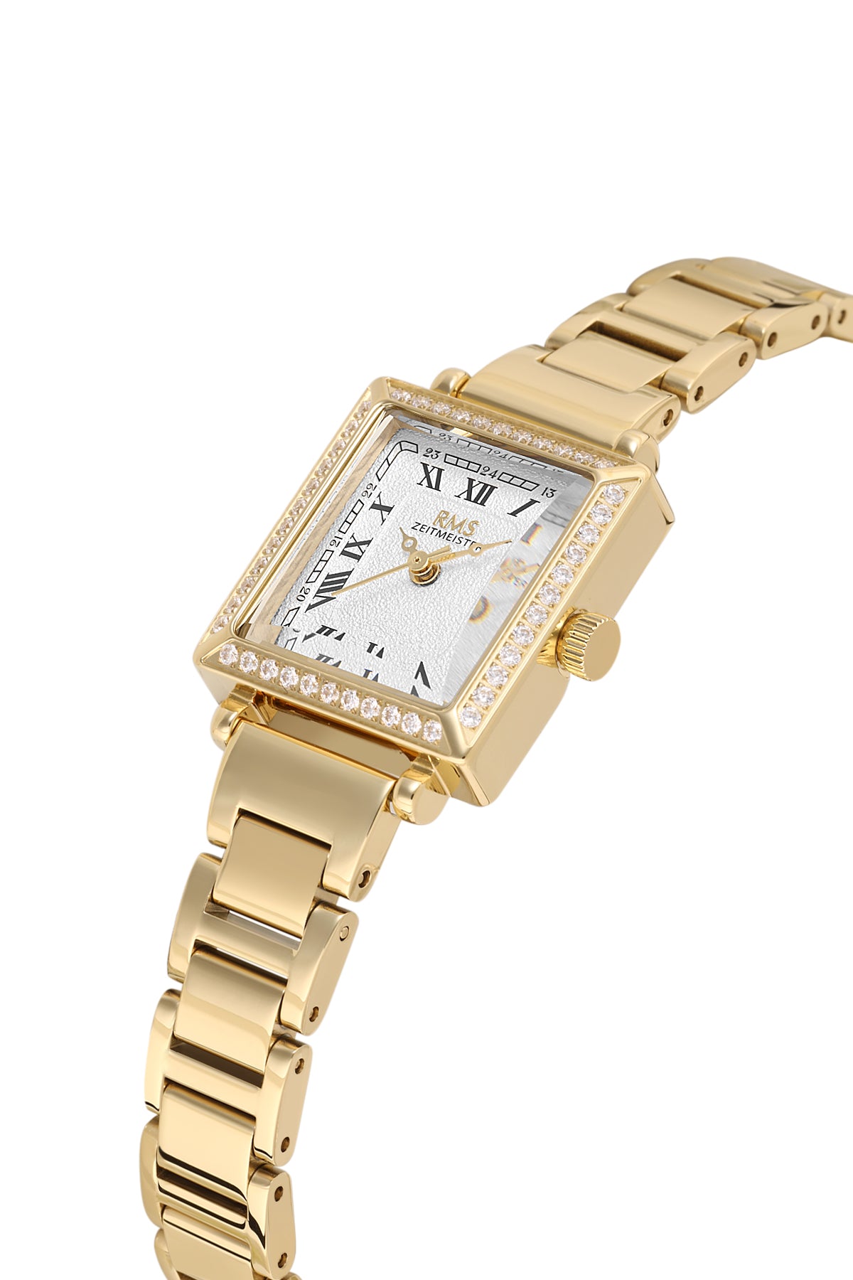 RMS Zeitmeister AG2167.20 women's watch with white dial, gold-tone case and stainless steel bracelet – angled view