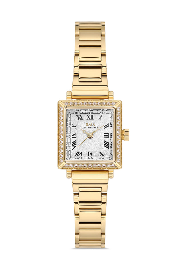 RMS Zeitmeister AG2167.20 women's watch with white dial, gold-tone case and stainless steel bracelet – front view
