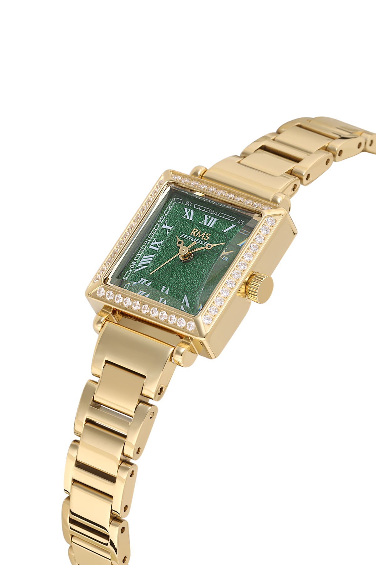 RMS Zeitmeister AG2167.29 women's watch with green dial, gold-tone case and stainless steel bracelet – angled view