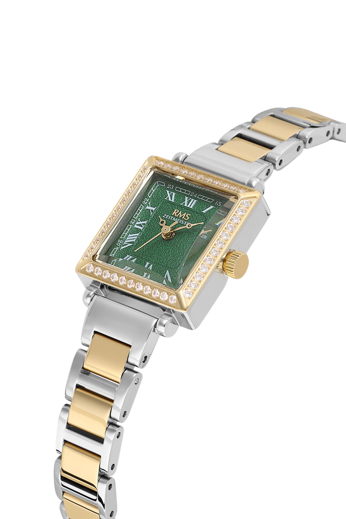 RMS Zeitmeister AG2167.49 women's watch with green dial, two-tone case and stainless steel bracelet – angled view