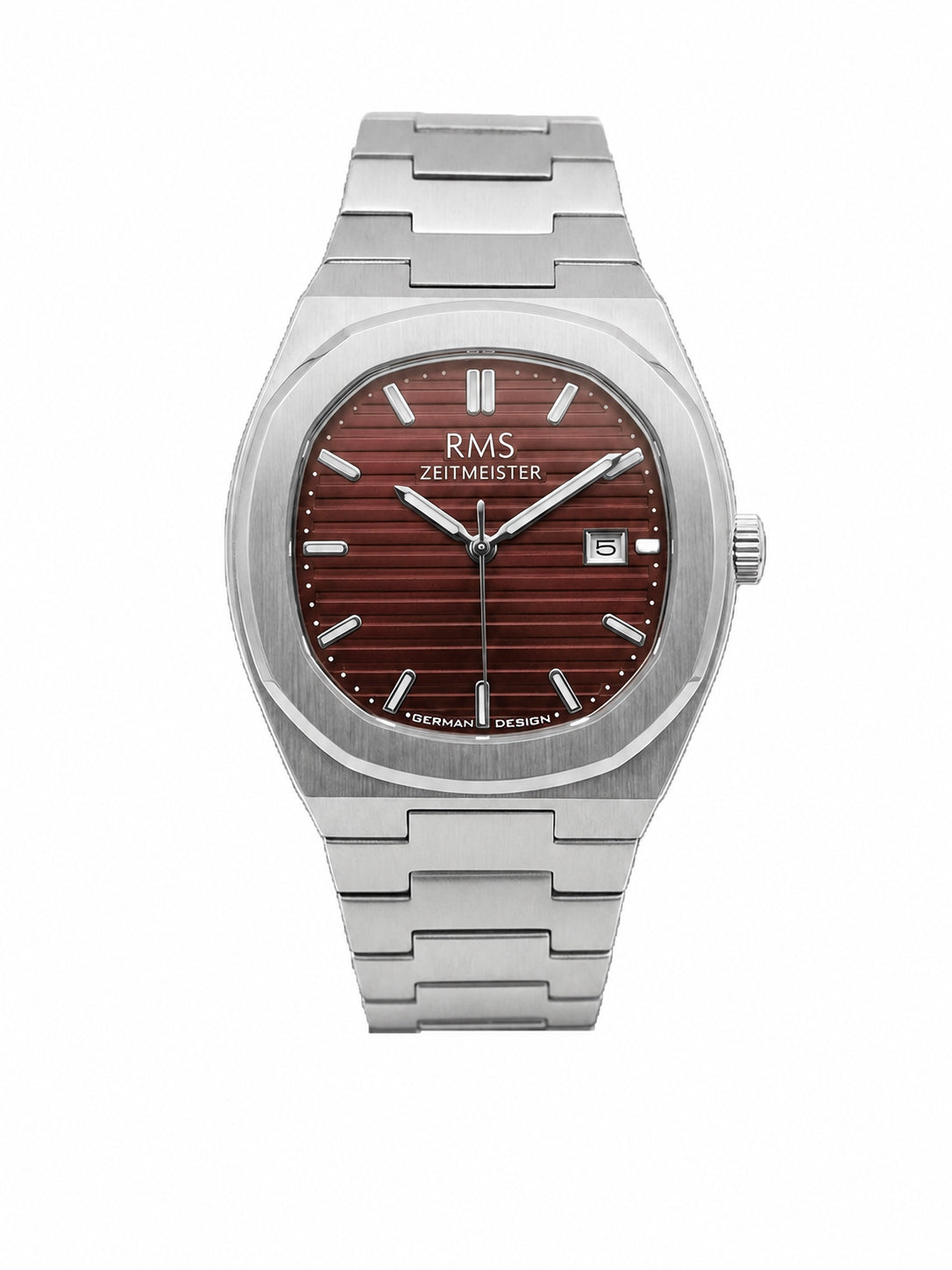 RMS Zeitmeister AG2172.113 men's watch with burgundy dial, silver-tone case and stainless steel bracelet – front view