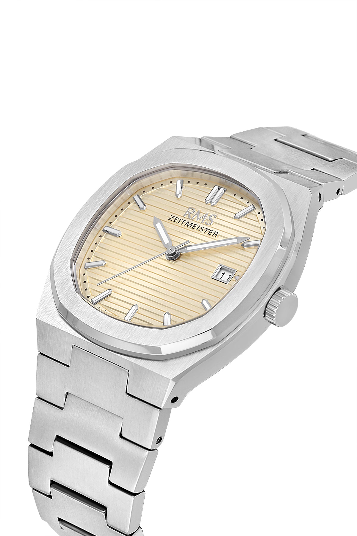 RMS Zeitmeister AG2172.17 men's watch with champagne dial, silver-tone case and stainless steel bracelet – angled view