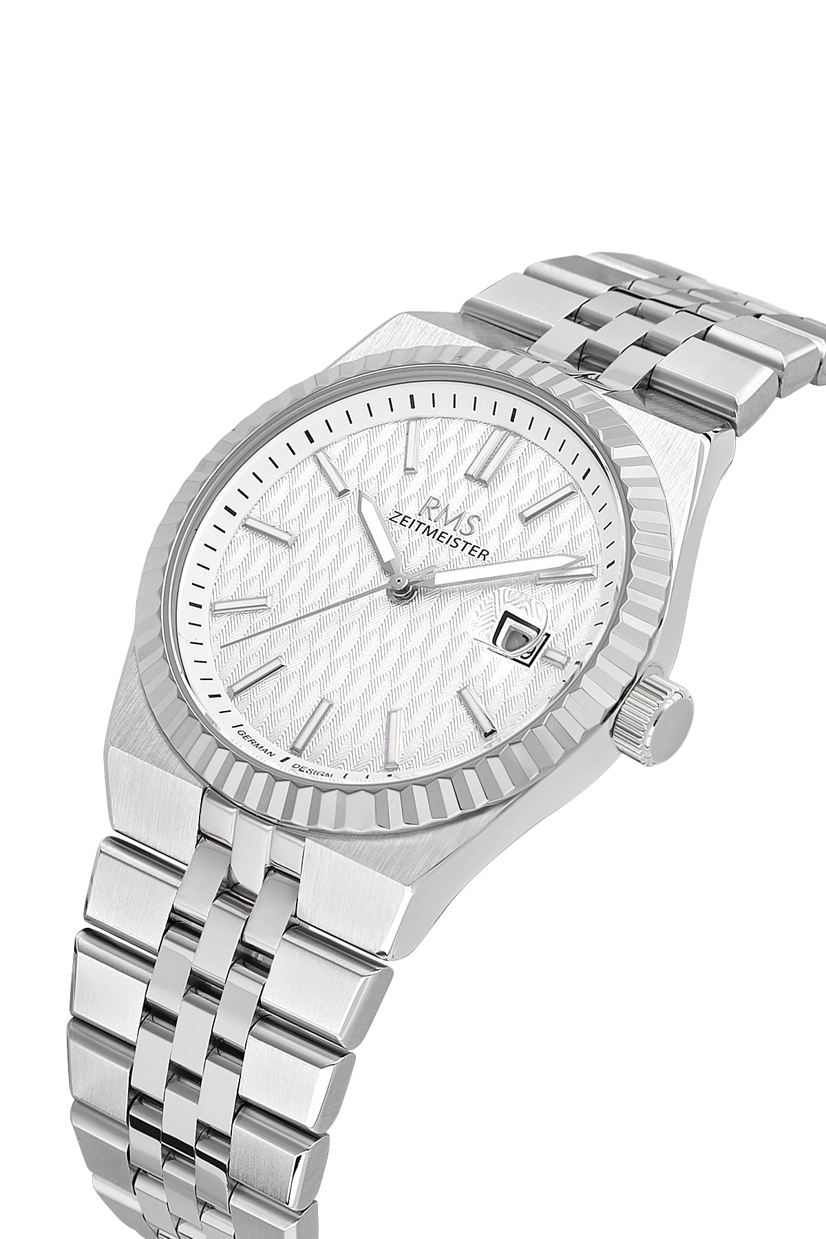 RMS Zeitmeister AG2173.10 men's watch with white dial, silver-tone case and stainless steel bracelet – angled view