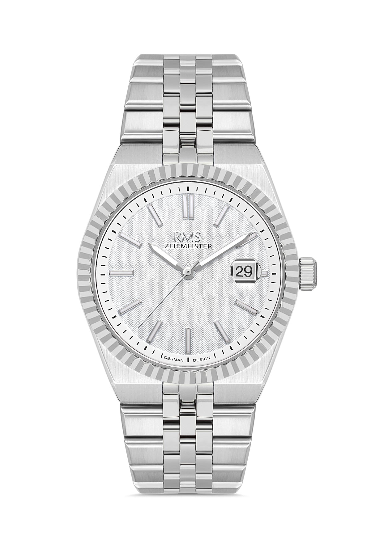 RMS Zeitmeister AG2173.10 men's watch with white dial, silver-tone case and stainless steel bracelet – front view