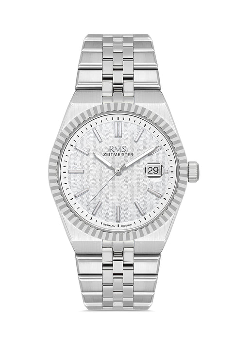 RMS Zeitmeister AG2173.10 men's watch with white dial, silver-tone case and stainless steel bracelet – front view