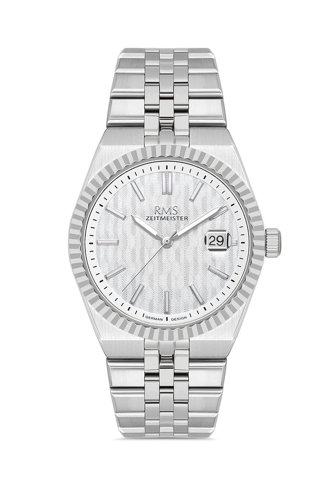 RMS Zeitmeister AG2173.10 men's watch with white dial, silver-tone case and stainless steel bracelet – front view