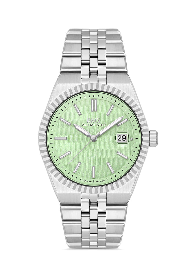 RMS Zeitmeister AG2173.110 men's watch with light green dial, silver-tone case and stainless steel bracelet – front view