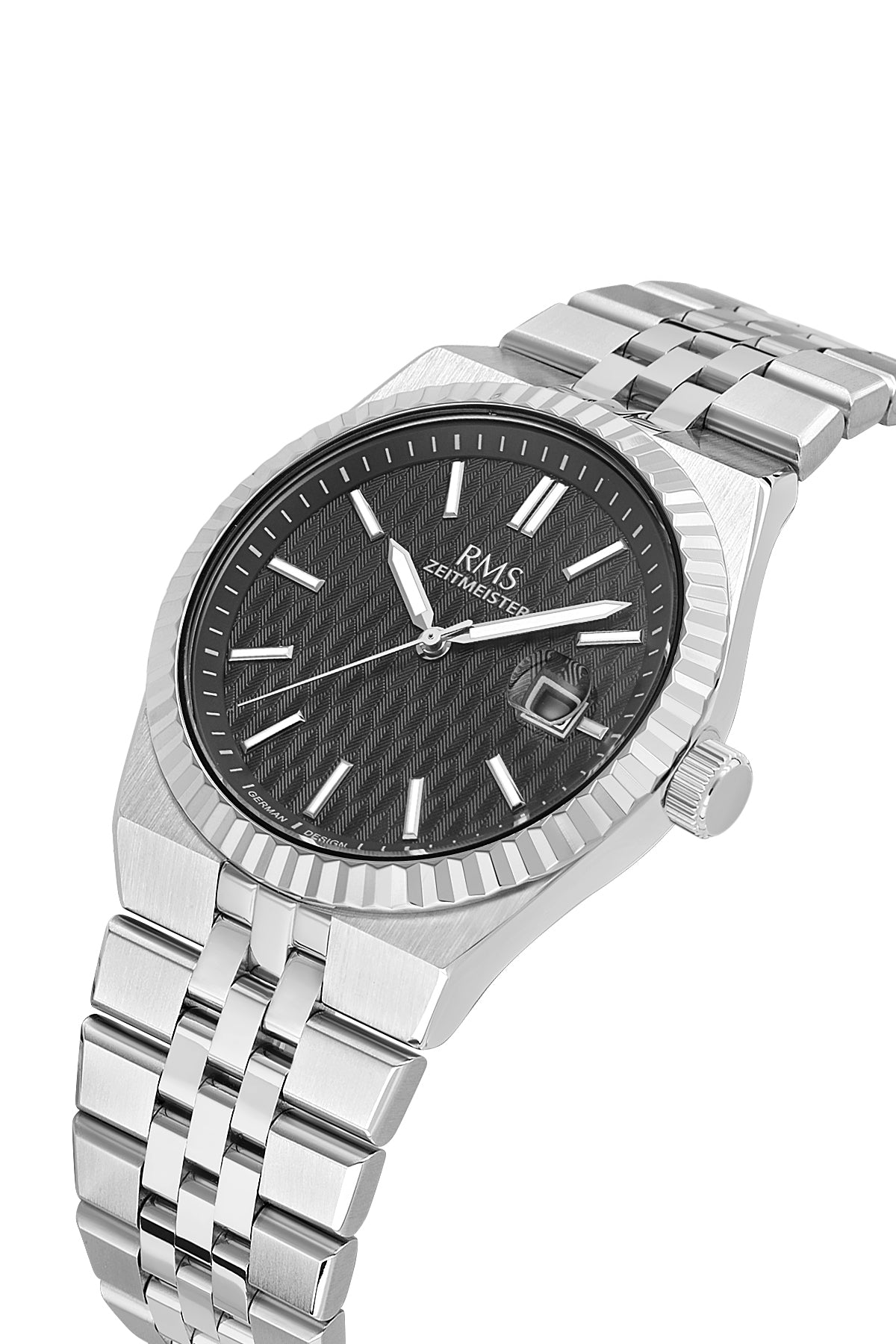 RMS Zeitmeister AG2173.12 men's watch with black dial, silver-tone case and stainless steel bracelet – angled view