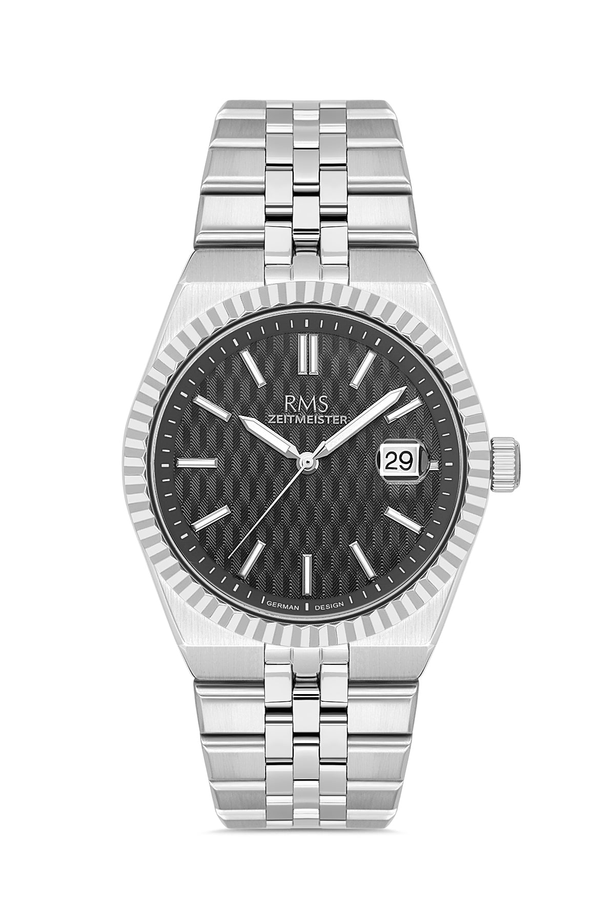 RMS Zeitmeister AG2173.12 men's watch with black dial, silver-tone case and stainless steel bracelet – front view