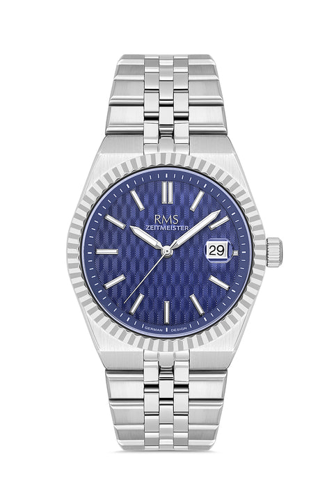 RMS Zeitmeister AG2173.13 men's watch with blue dial, silver-tone case and stainless steel bracelet – front view