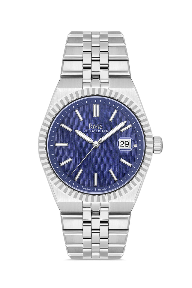 RMS Zeitmeister AG2173.13 men's watch with blue dial, silver-tone case and stainless steel bracelet – front view