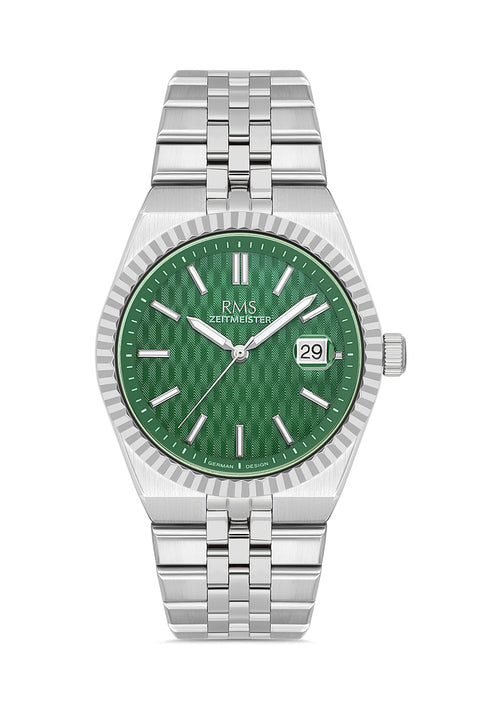 RMS Zeitmeister AG2173.19 men's watch with green dial, silver-tone case and stainless steel bracelet – front view