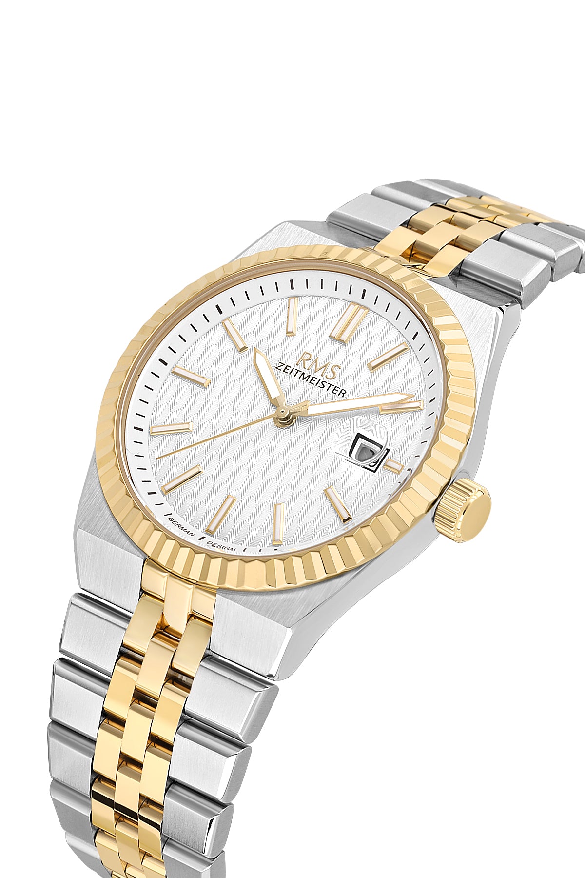 RMS Zeitmeister AG2173.40 men's watch with white dial, two-tone case and stainless steel bracelet – angled view