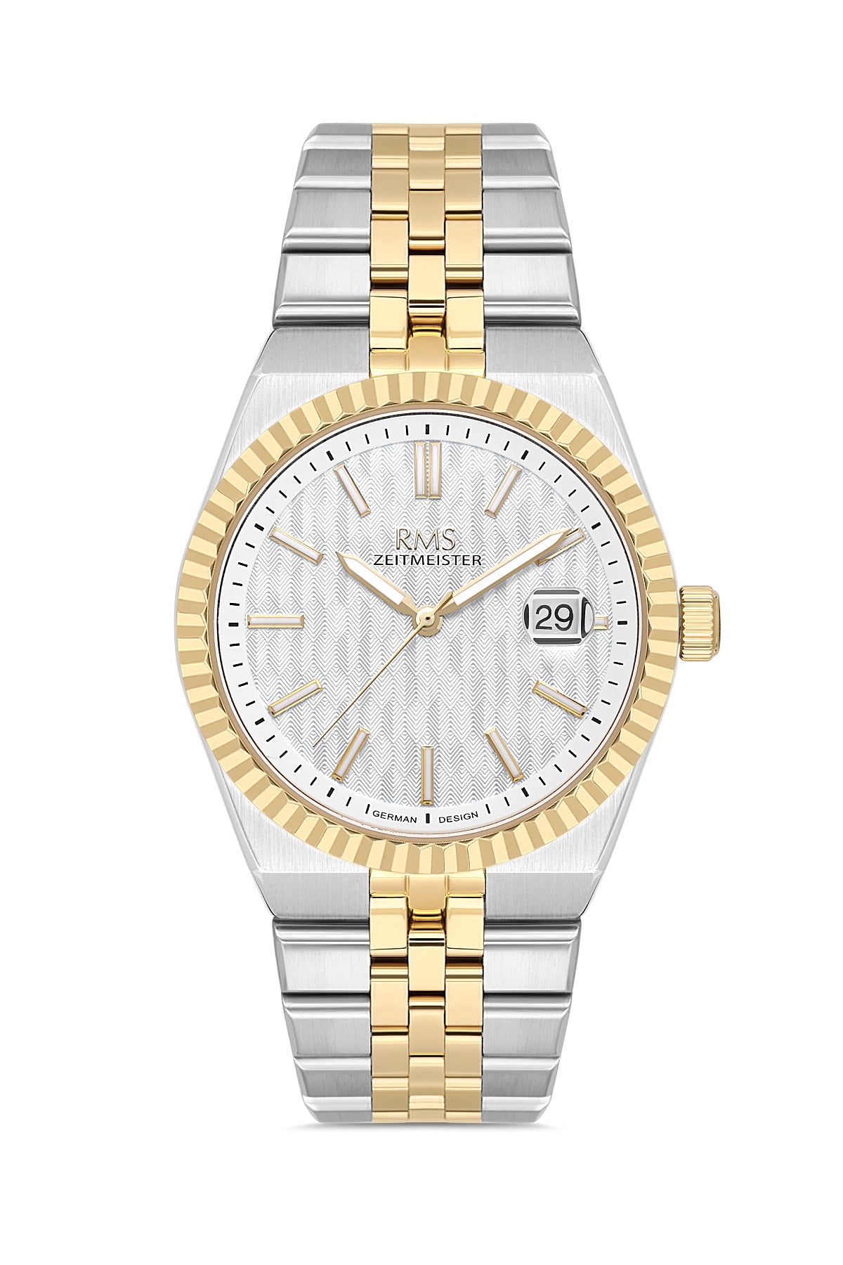 RMS Zeitmeister AG2173.40 men's watch with white dial, two-tone case and stainless steel bracelet – front view