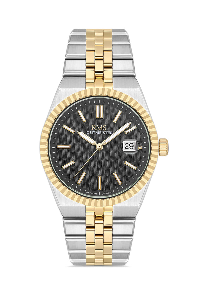 RMS Zeitmeister AG2173.42 men's watch with black dial, two-tone case and stainless steel bracelet – front view