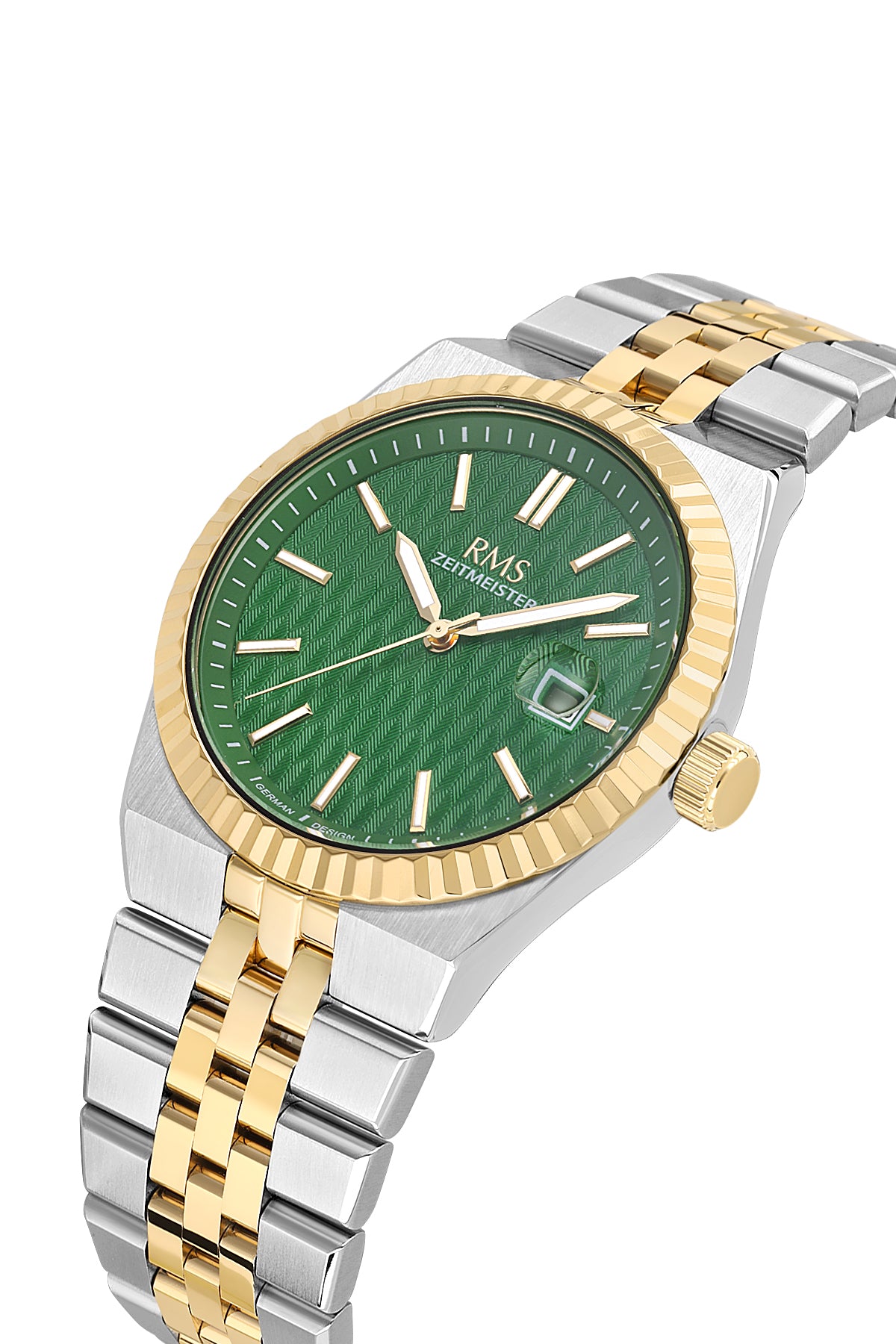 RMS Zeitmeister AG2173.49 men's watch with green dial, two-tone case and stainless steel bracelet – angled view